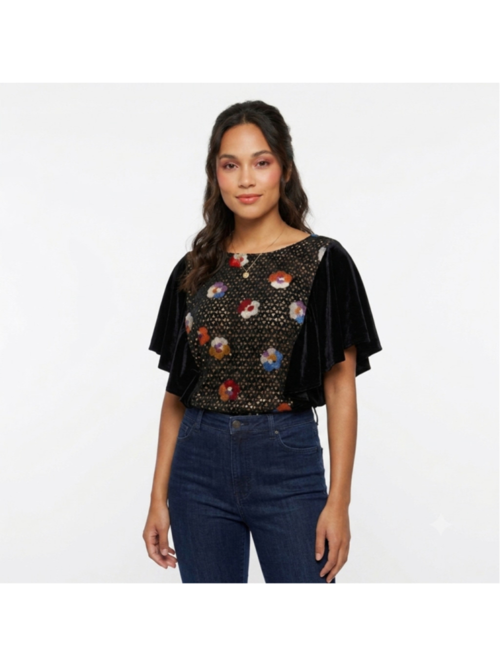 Eva Franco Black Gold Floral Burnout Velvet Lurex Flutter Sleeve Blouse - XL